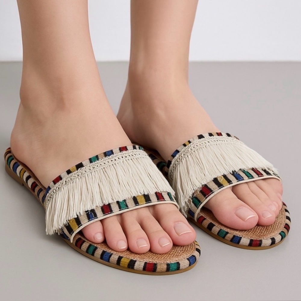 Fix Flex Multicolor Fringe Slide Sandals | size 5 Handmade Boho Woven Flats(B50)